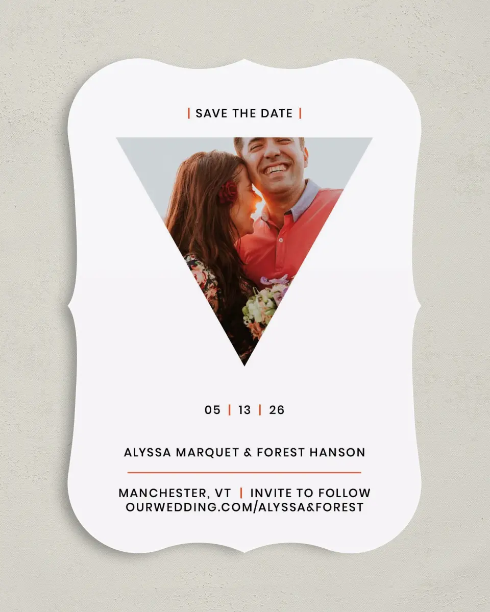 This is a 5" x 7" Save the Date Card called Triangle Crush printed in full color on Premium Smooth paper