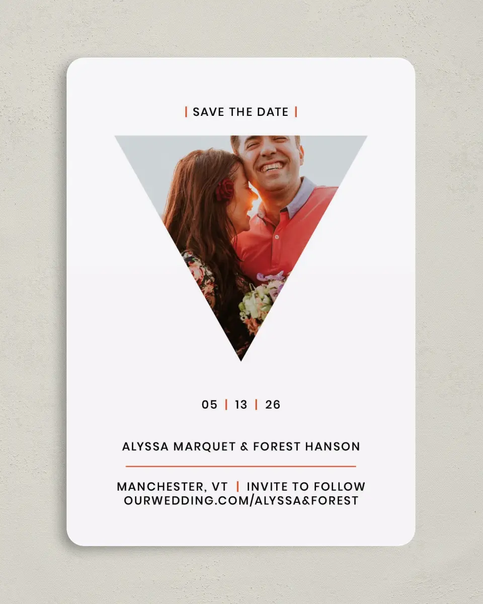 This is a 5" x 7" Save the Date Card called Triangle Crush printed in full color on Premium Smooth paper