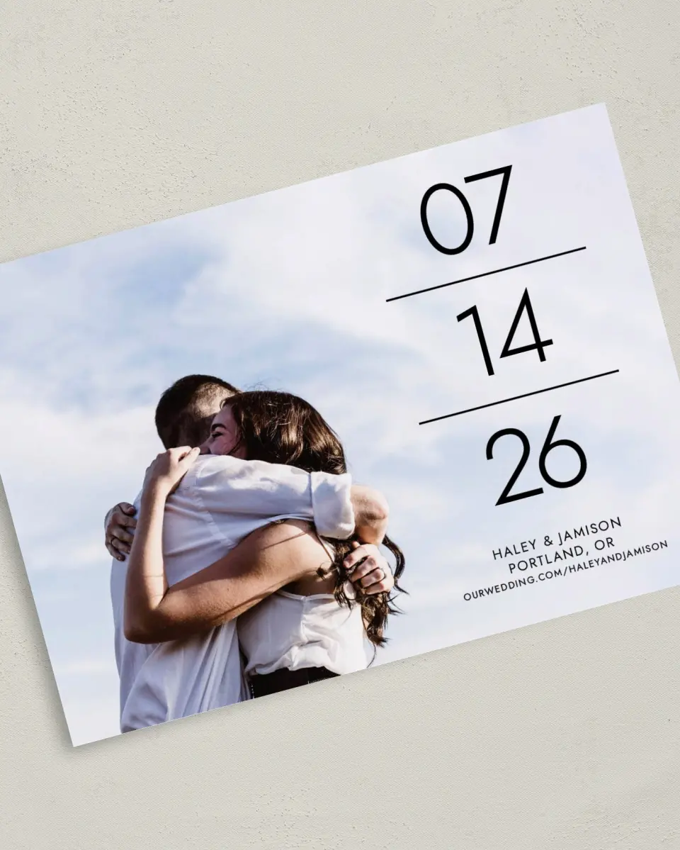 This is a 5" x 7" Save the Date Card called In the Lines printed in full color on Premium Smooth paper