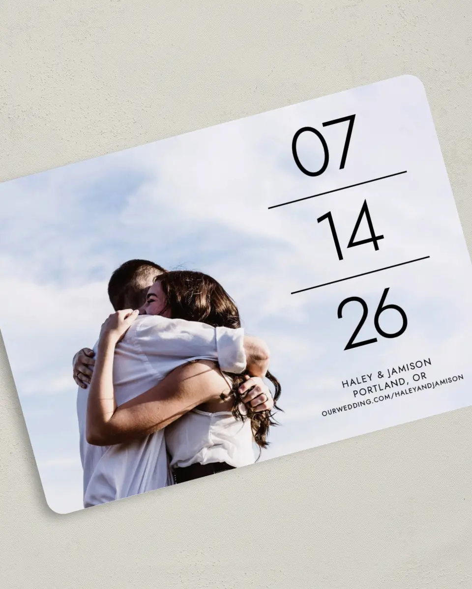 This is a 5" x 7" Save the Date Card called In the Lines printed in full color on Premium Smooth paper
