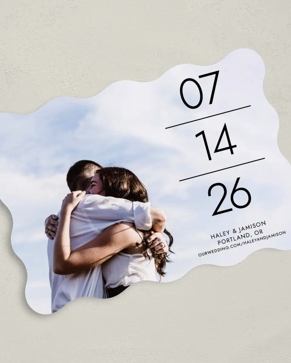 This is a 5" x 7" Save the Date Card called In the Lines printed in full color on Premium Smooth paper