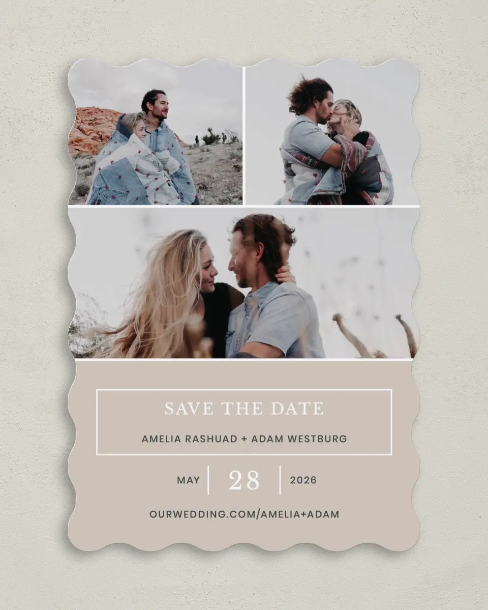 This is a 5" x 7" Save the Date Card called Sweetly Cozy printed in full color on Premium Smooth paper