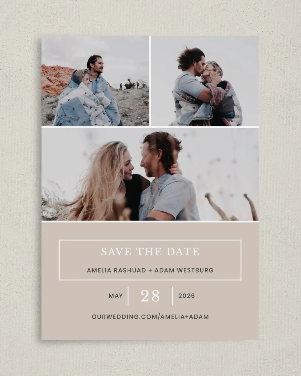 This is a 5" x 7" Save the Date Card called Sweetly Cozy printed in full color on Premium Smooth paper