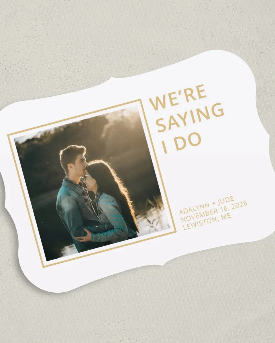 This is a 5" x 7" Save the Date Card called We're Doing It printed in full color on Premium Smooth paper