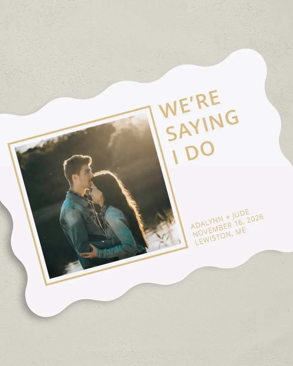 This is a 5" x 7" Save the Date Card called We're Doing It printed in full color on Premium Smooth paper