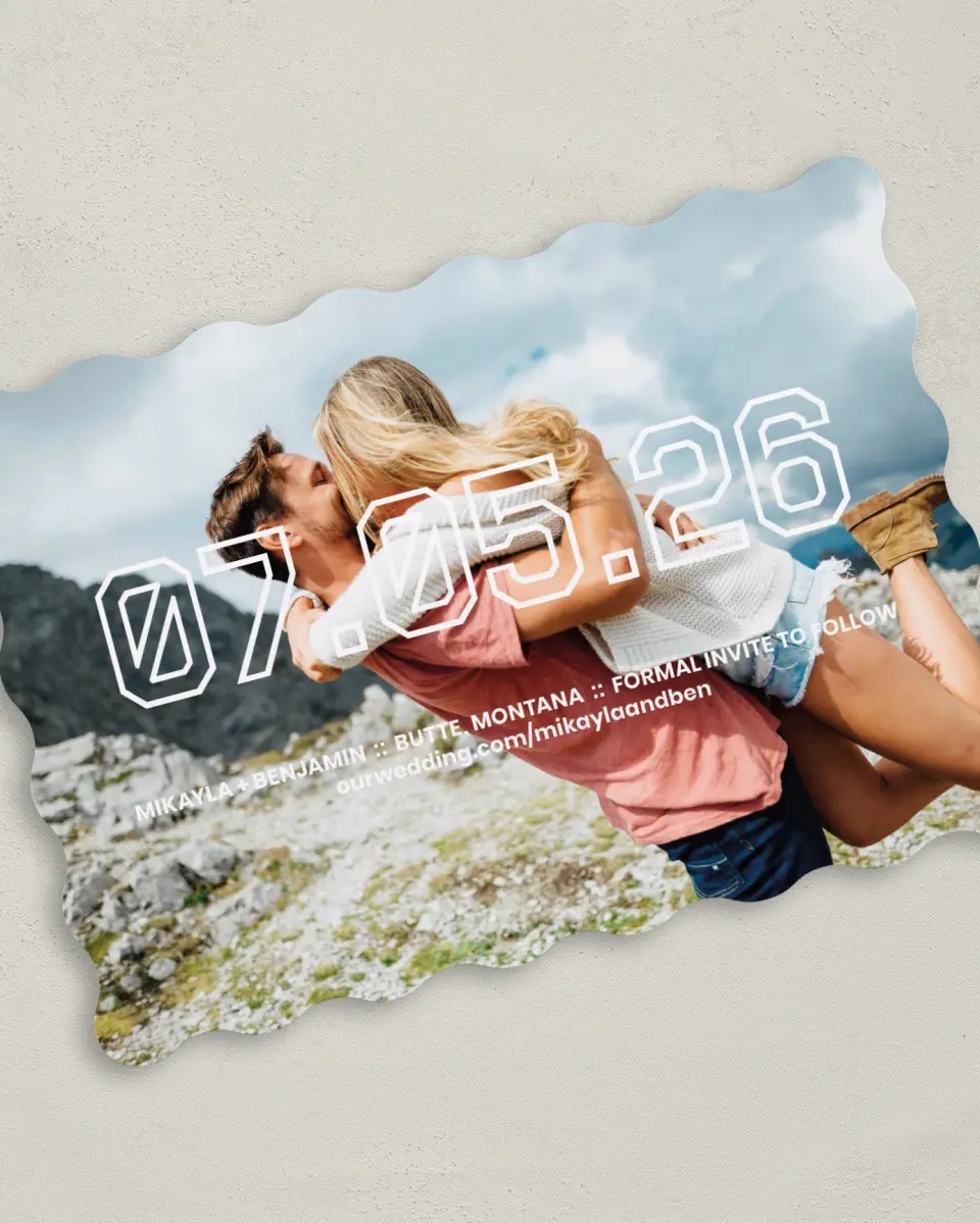 This is a 5" x 7" Save the Date Card called Blocked Date printed in full color on Premium Smooth paper