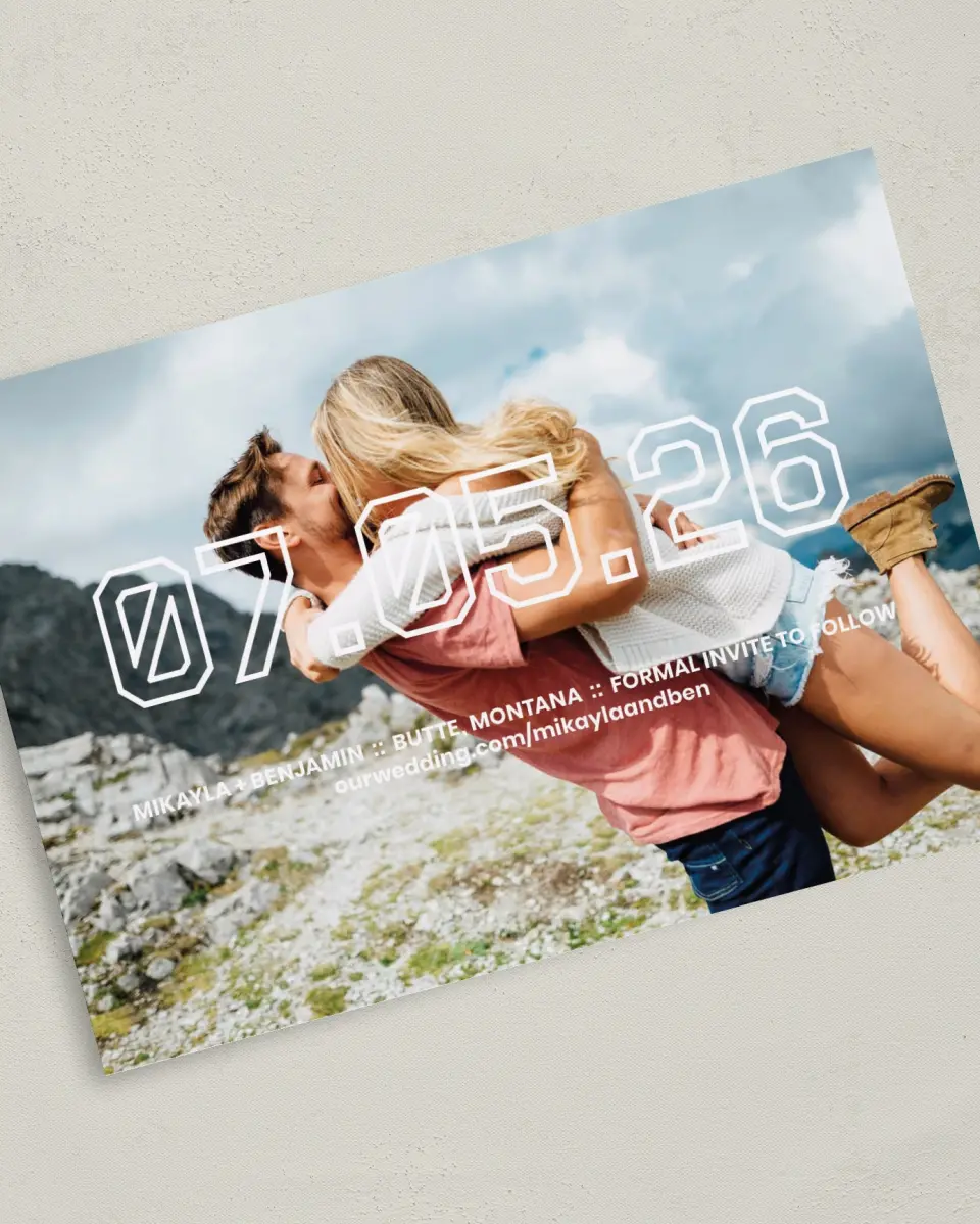 This is a 5" x 7" Save the Date Card called Blocked Date printed in full color on Premium Smooth paper