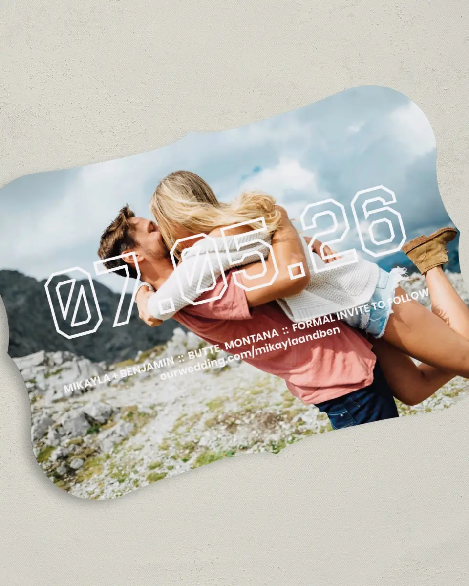 This is a 5" x 7" Save the Date Card called Blocked Date printed in full color on Premium Smooth paper