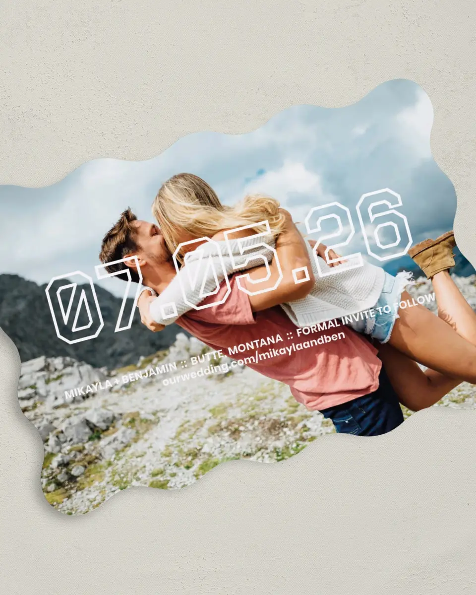 This is a 5" x 7" Save the Date Card called Blocked Date printed in full color on Premium Smooth paper
