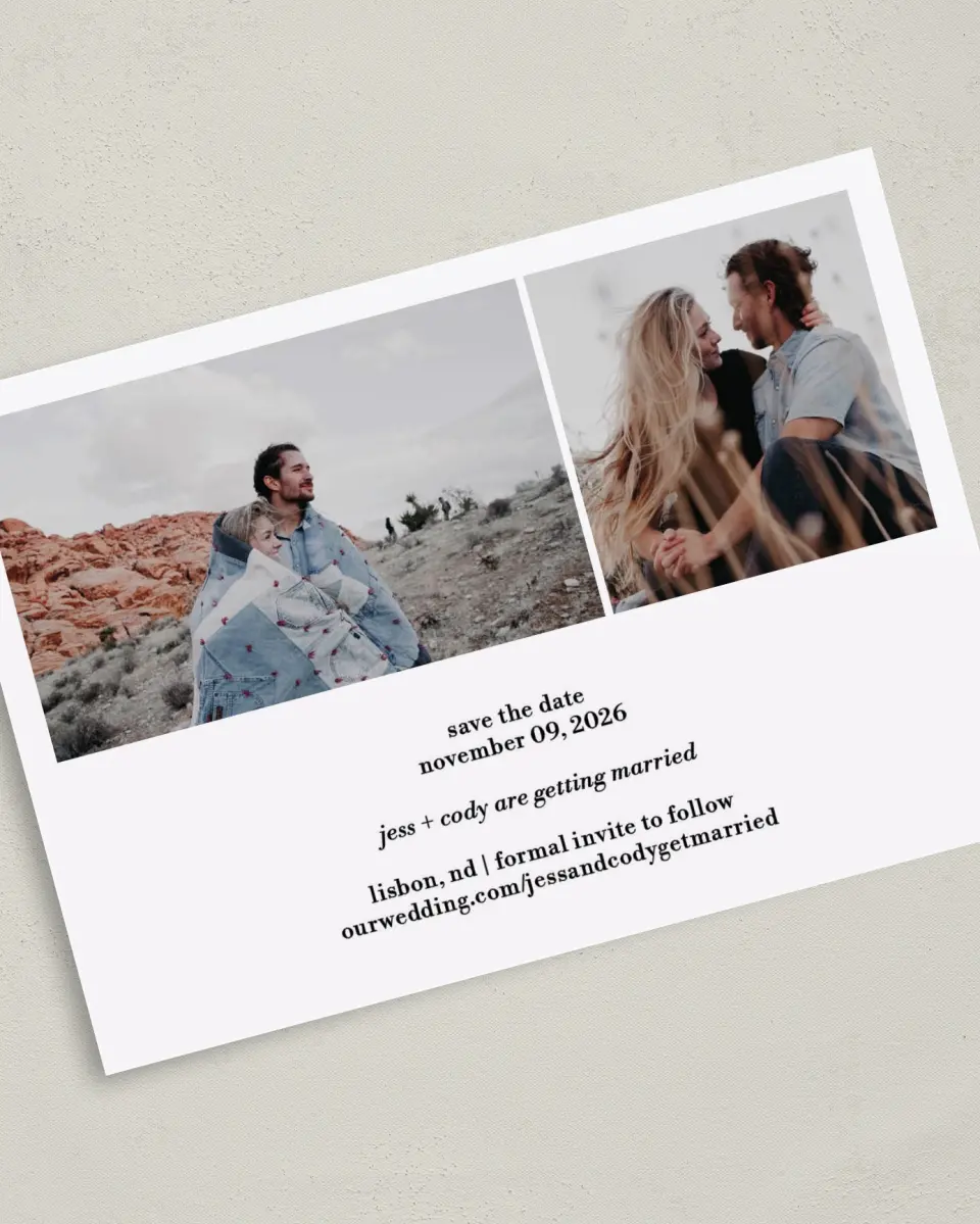 This is a 5" x 7" Save the Date Card called Soon to be We printed in full color on Premium Smooth paper