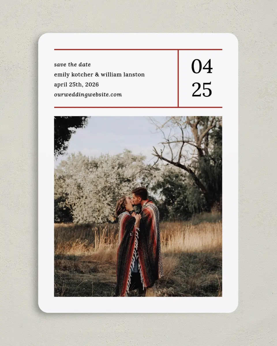 This is a 5" x 7" Save the Date Card called Measure of Love printed in full color with Gold foil on Luxe Satin (coated) paper