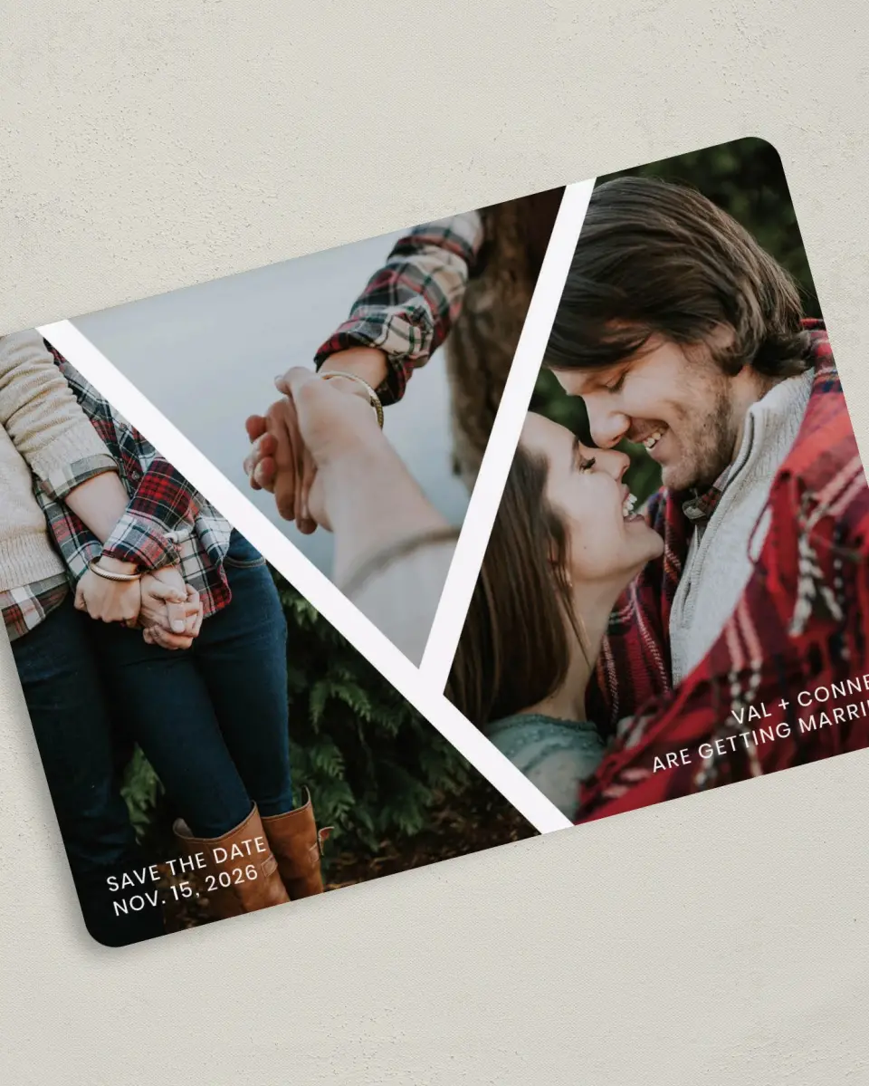 This is a 5" x 7" Save the Date Card called Criss Cross Crush printed in full color on Premium Smooth paper