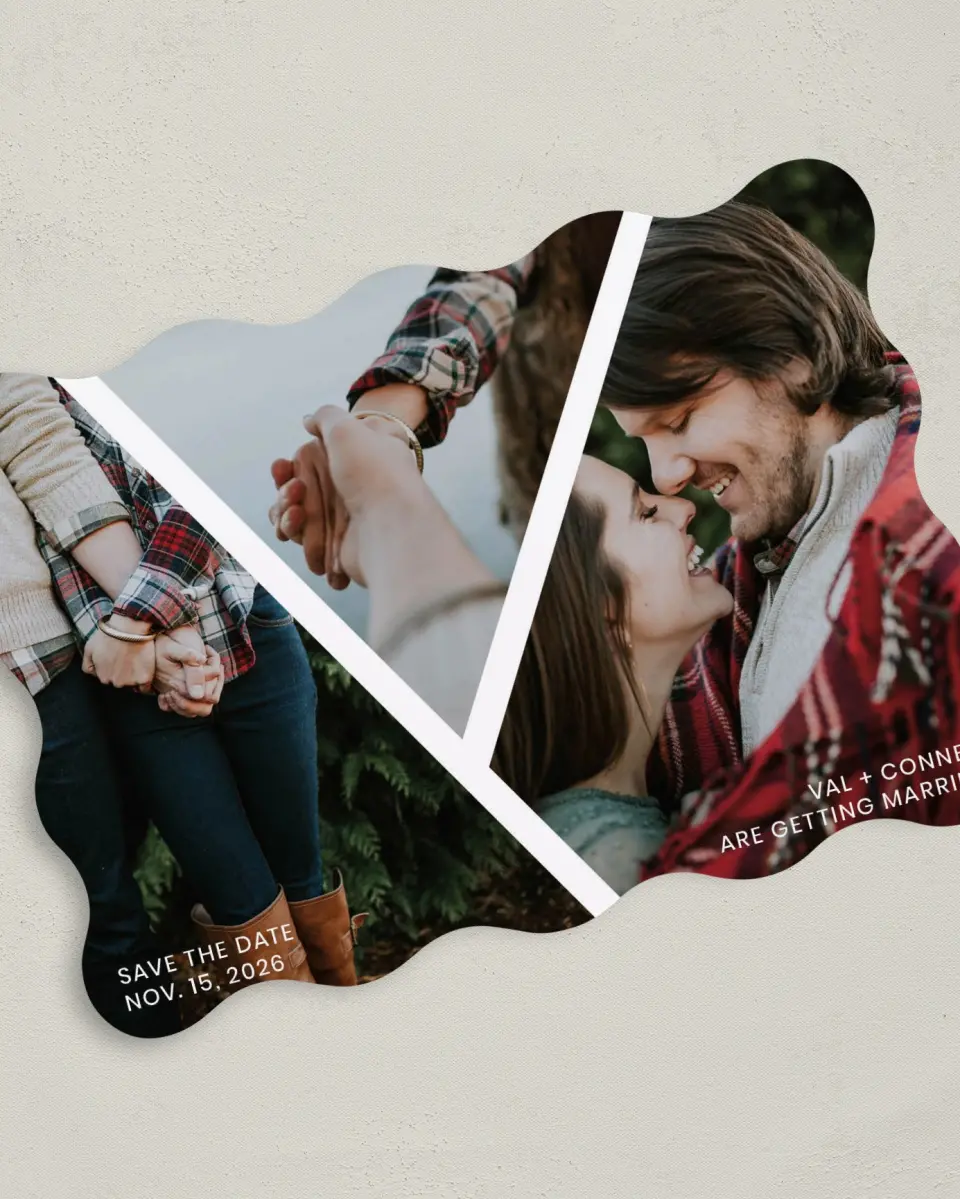This is a 5" x 7" Save the Date Card called Criss Cross Crush printed in full color on Premium Smooth paper