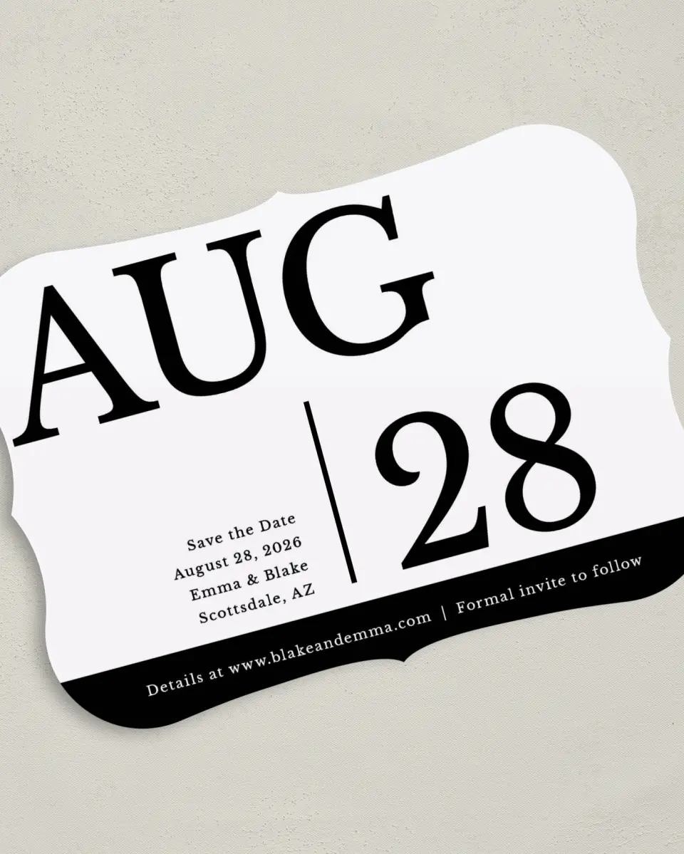 This is a 5" x 7" Save the Date Card called Our Date is Set printed in full color on Premium Smooth paper