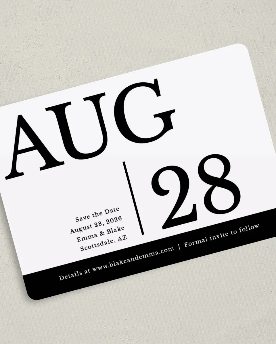 This is a 5" x 7" Save the Date Card called Our Date is Set printed in full color on Premium Smooth paper