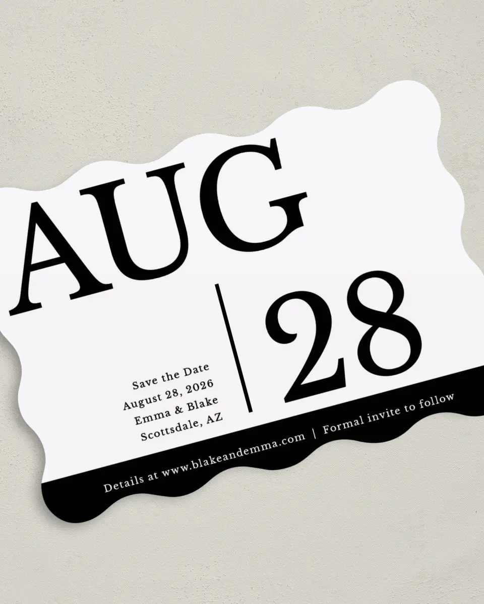 This is a 5" x 7" Save the Date Card called Our Date is Set printed in full color on Premium Smooth paper