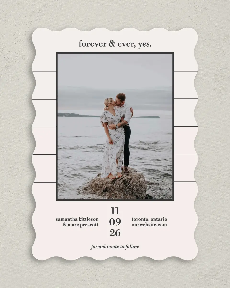 This is a 5" x 7" Save the Date Card called Yours Forever printed in full color on Premium Smooth paper