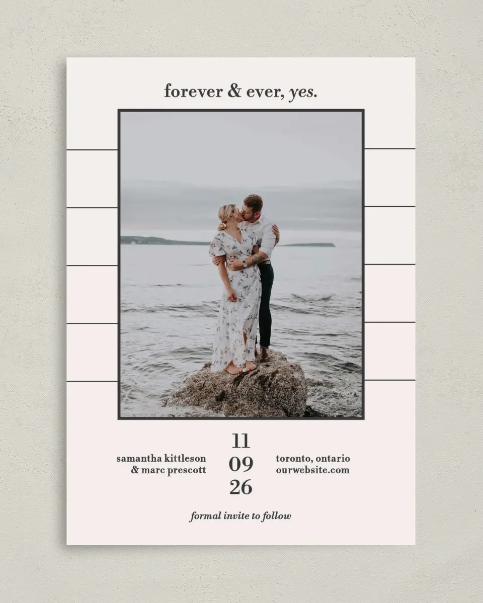 This is a 5" x 7" Save the Date Card called Yours Forever printed in full color on Premium Smooth paper