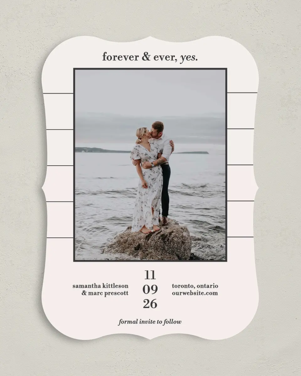 This is a 5" x 7" Save the Date Card called Yours Forever printed in full color on Premium Smooth paper