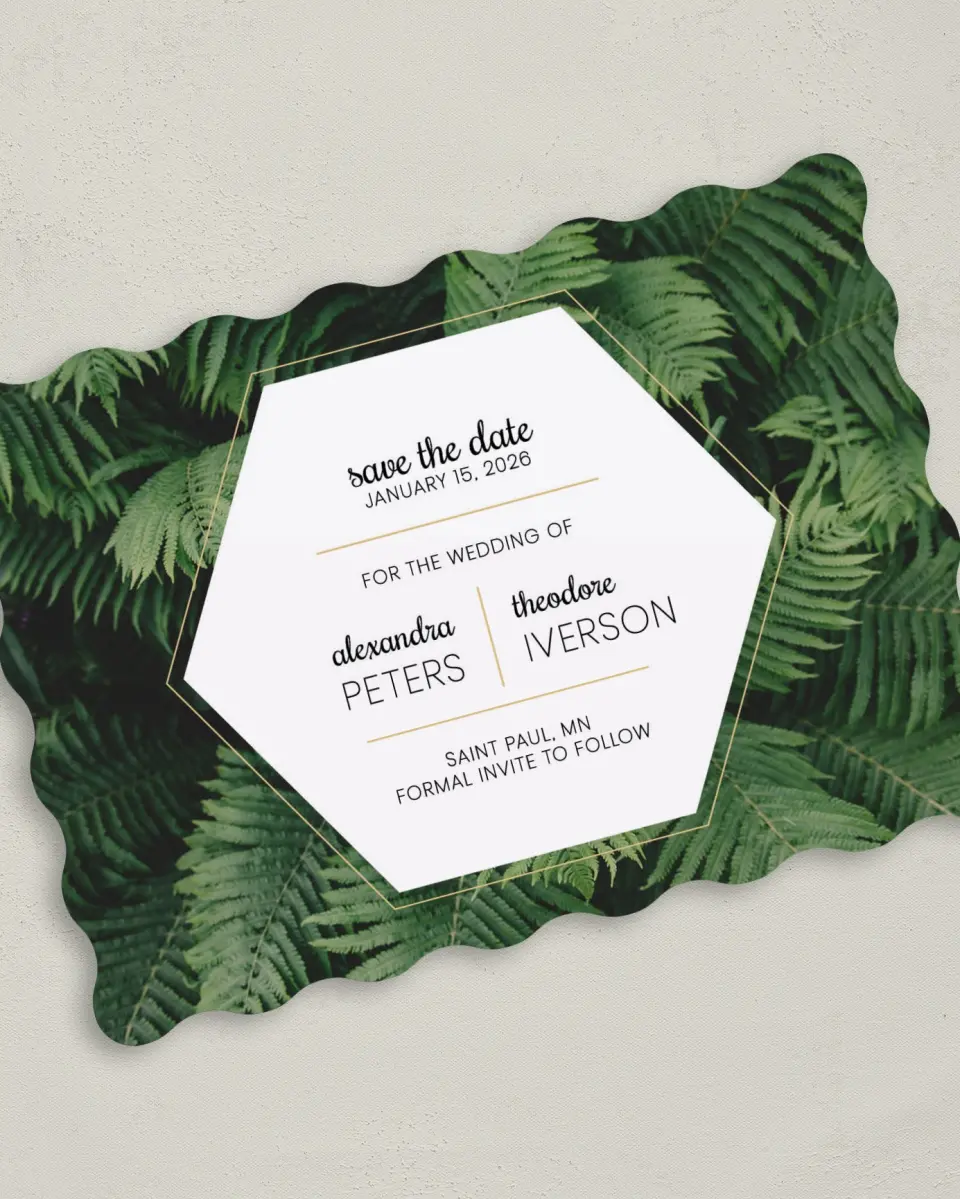 This is a 5" x 7" Save the Date Card called Simply Striking printed in full color on Premium Smooth paper