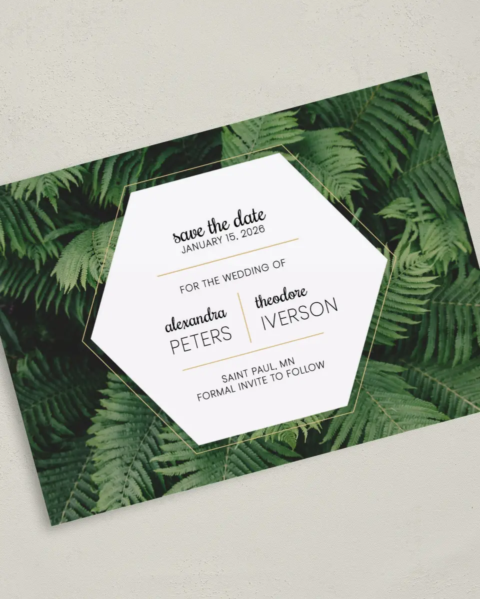This is a 5" x 7" Save the Date Card called Simply Striking printed in full color on Premium Smooth paper