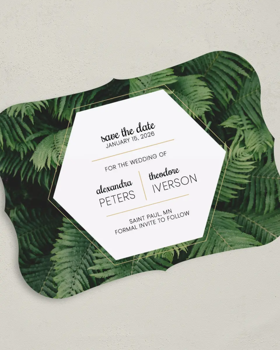 This is a 5" x 7" Save the Date Card called Simply Striking printed in full color on Premium Smooth paper