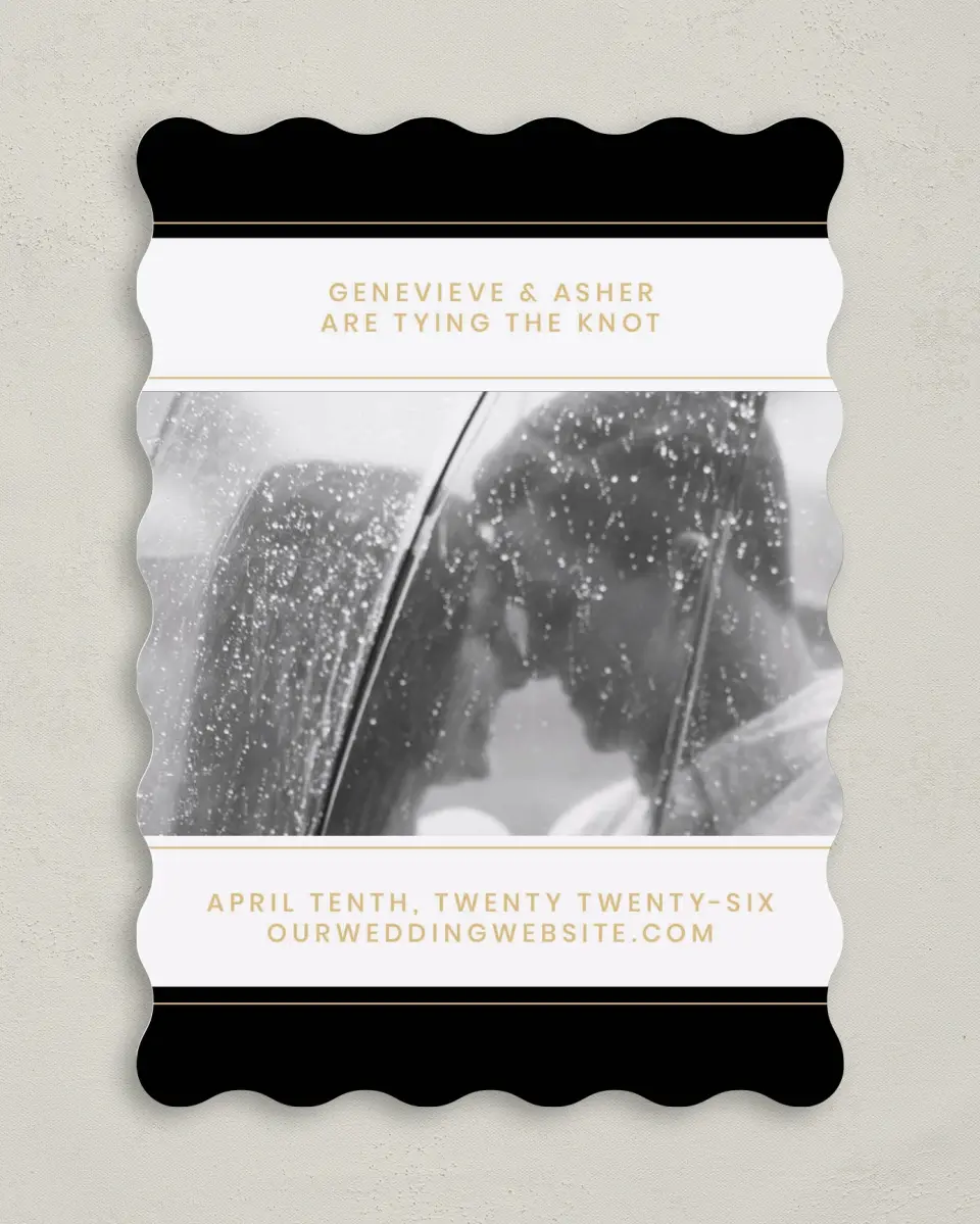 This is a 5" x 7" Save the Date Card called Bold Intrigue printed in full color on Premium Smooth paper