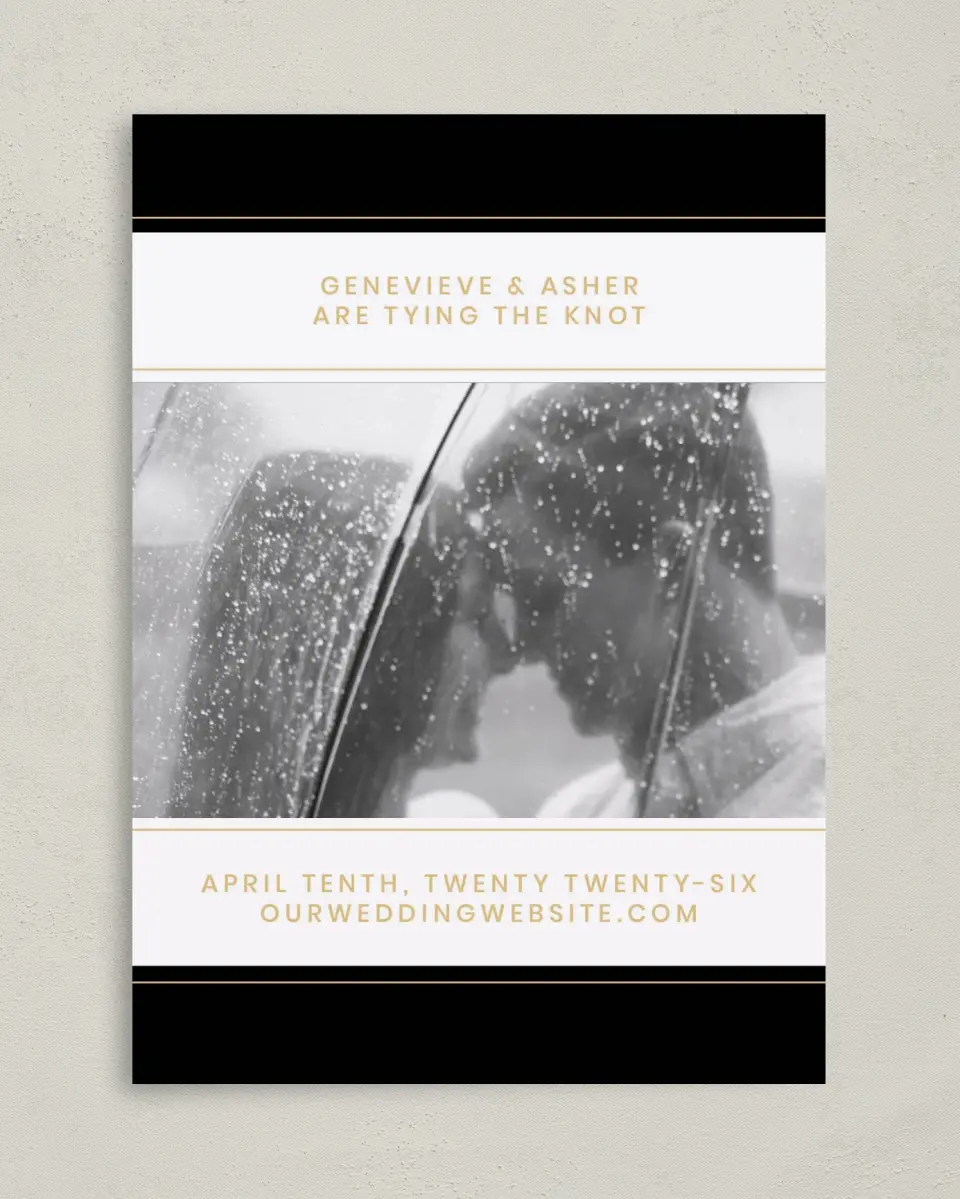 This is a 5" x 7" Save the Date Card called Bold Intrigue printed in full color on Premium Smooth paper