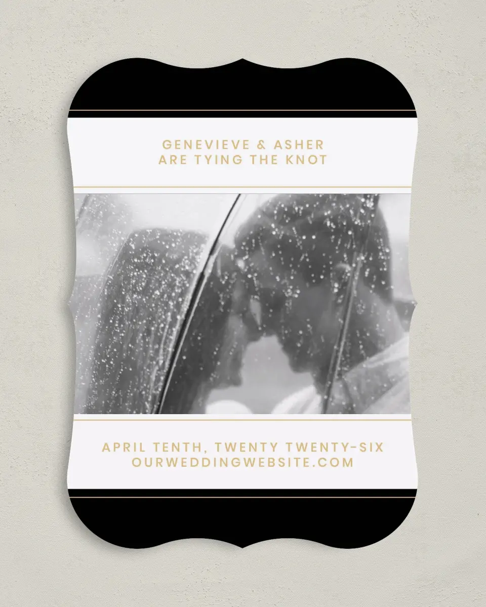 This is a 5" x 7" Save the Date Card called Bold Intrigue printed in full color on Premium Smooth paper