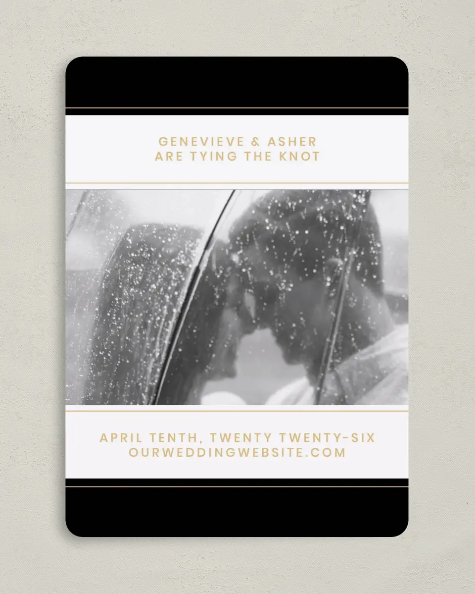 This is a 5" x 7" Save the Date Card called Bold Intrigue printed in full color on Premium Smooth paper