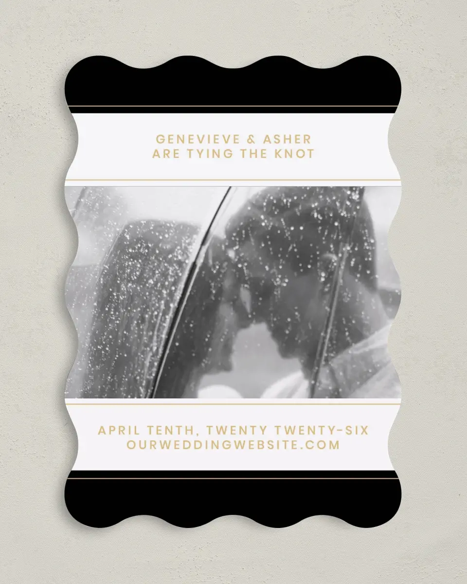 This is a 5" x 7" Save the Date Card called Bold Intrigue printed in full color on Premium Smooth paper