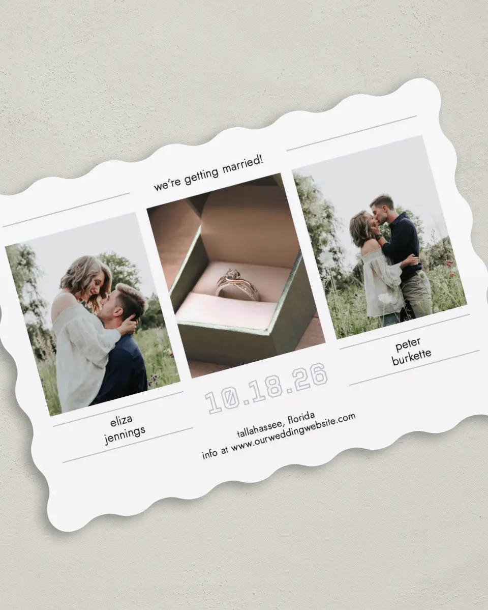 This is a 5" x 7" Save the Date Card called Happy Tracks printed in full color on Premium Smooth paper