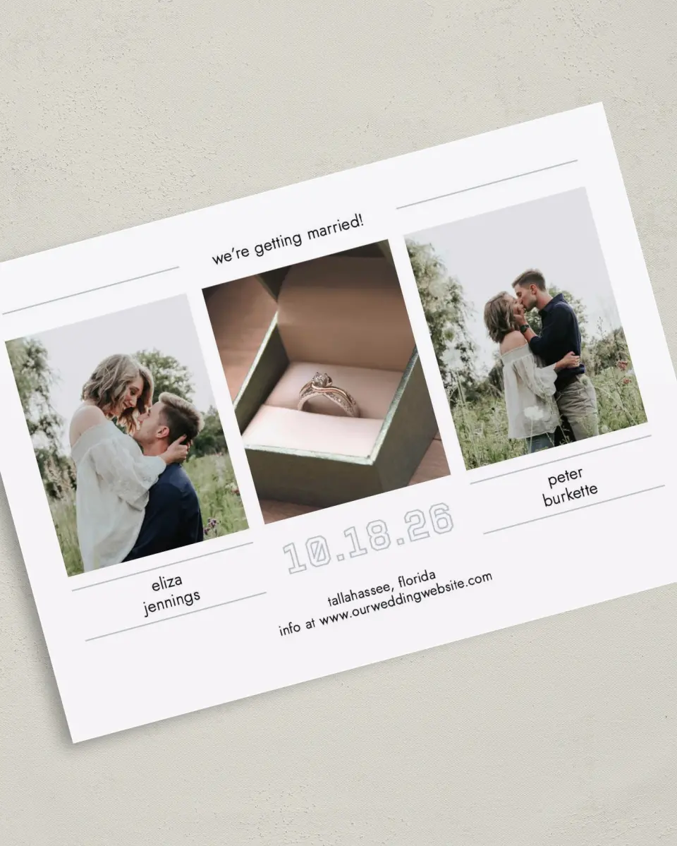 This is a 5" x 7" Save the Date Card called Happy Tracks printed in full color on Premium Smooth paper