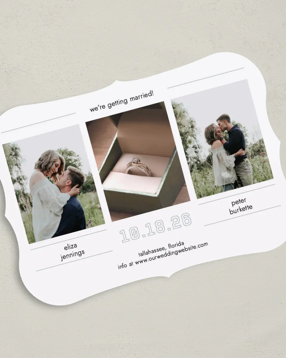 This is a 5" x 7" Save the Date Card called Happy Tracks printed in full color on Premium Smooth paper