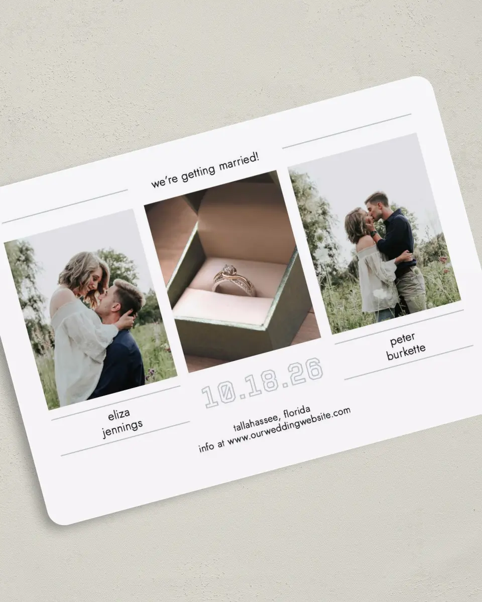 This is a 5" x 7" Save the Date Card called Happy Tracks printed in full color on Premium Smooth paper