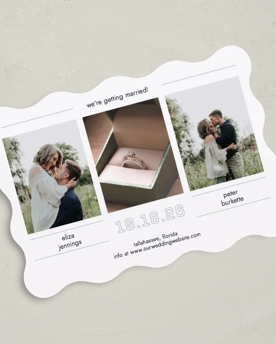 This is a 5" x 7" Save the Date Card called Happy Tracks printed in full color on Premium Smooth paper
