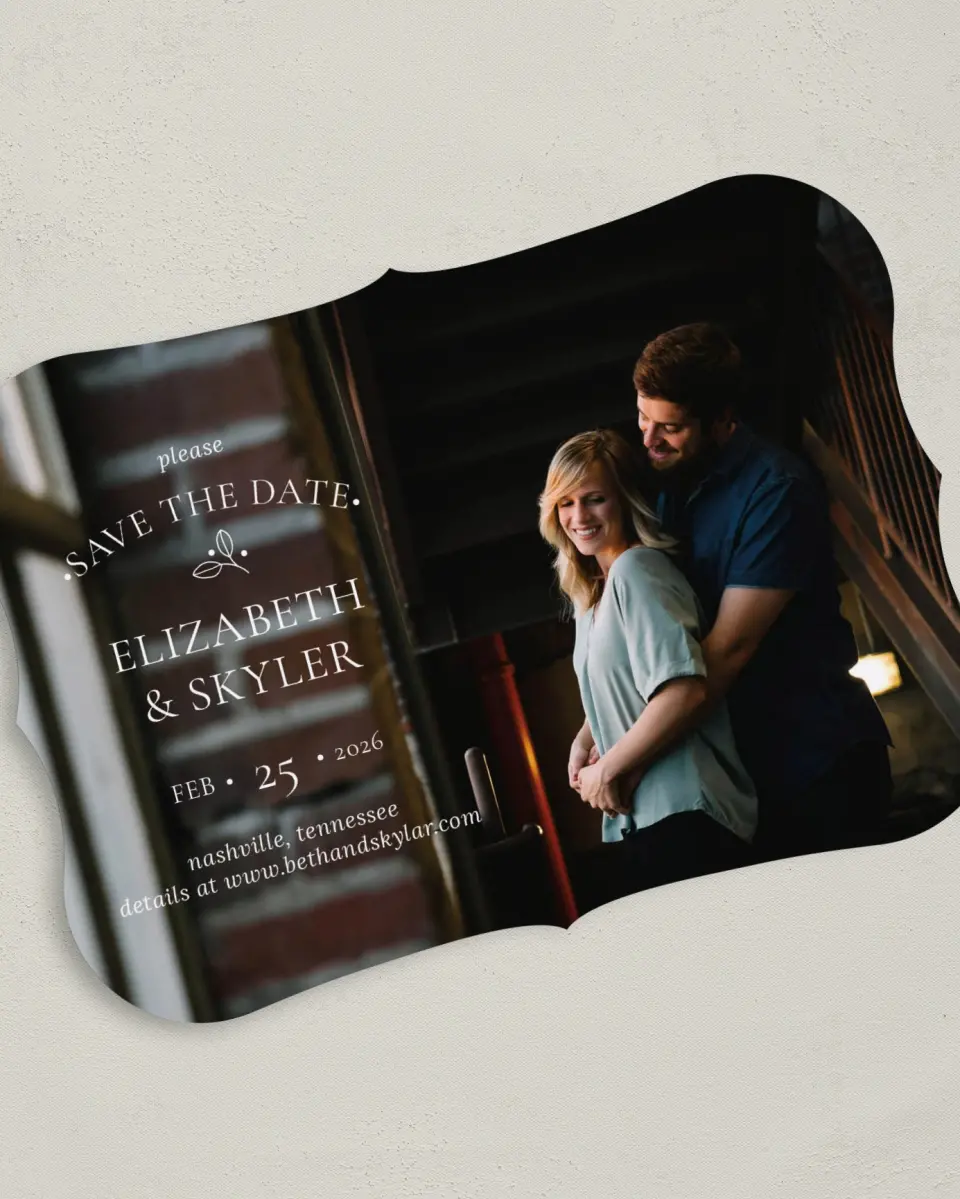 This is a 5" x 7" Save the Date Card called Whimsy Romance printed in full color on Premium Smooth paper