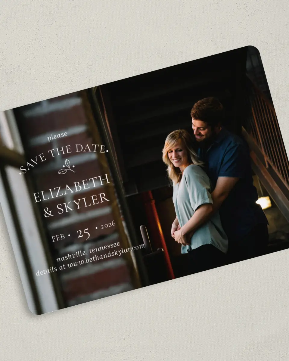 This is a 5" x 7" Save the Date Card called Whimsy Romance printed in full color on Premium Smooth paper