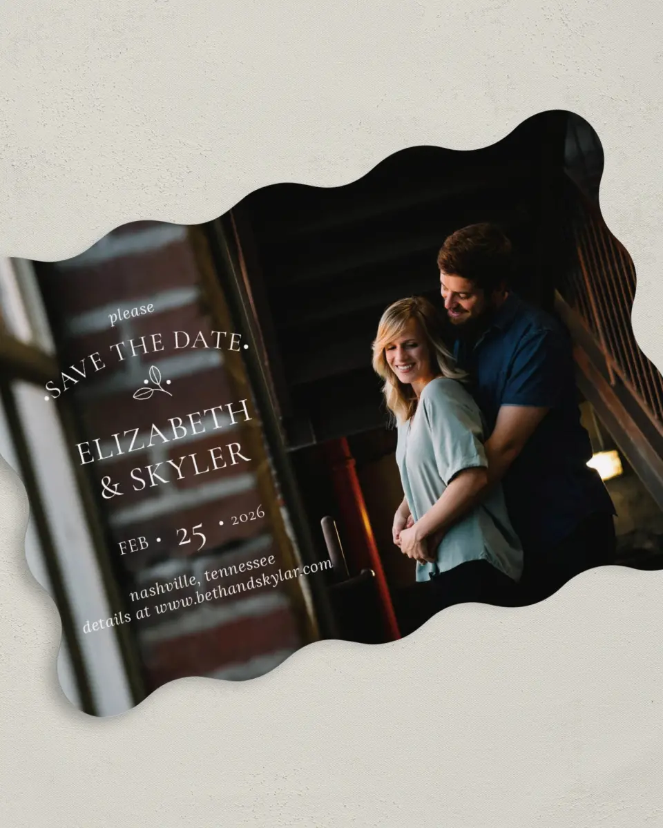 This is a 5" x 7" Save the Date Card called Whimsy Romance printed in full color on Premium Smooth paper