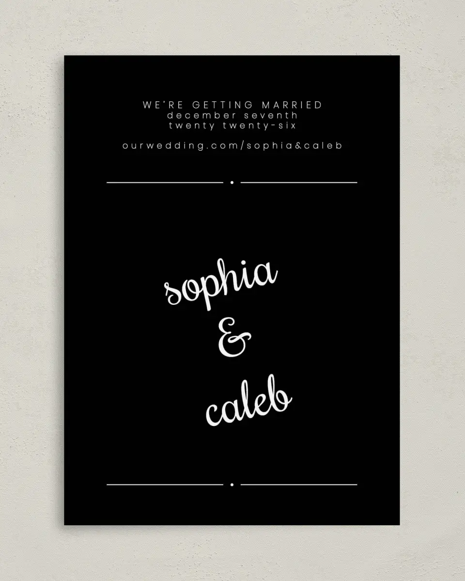 This is a 5" x 7" Save the Date Card called Sweetly Scripted printed in full color on Premium Smooth paper