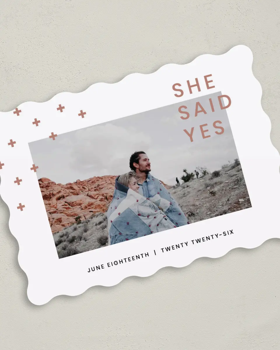 This is a 5" x 7" Save the Date Card called You + Me printed in full color on Premium Smooth paper