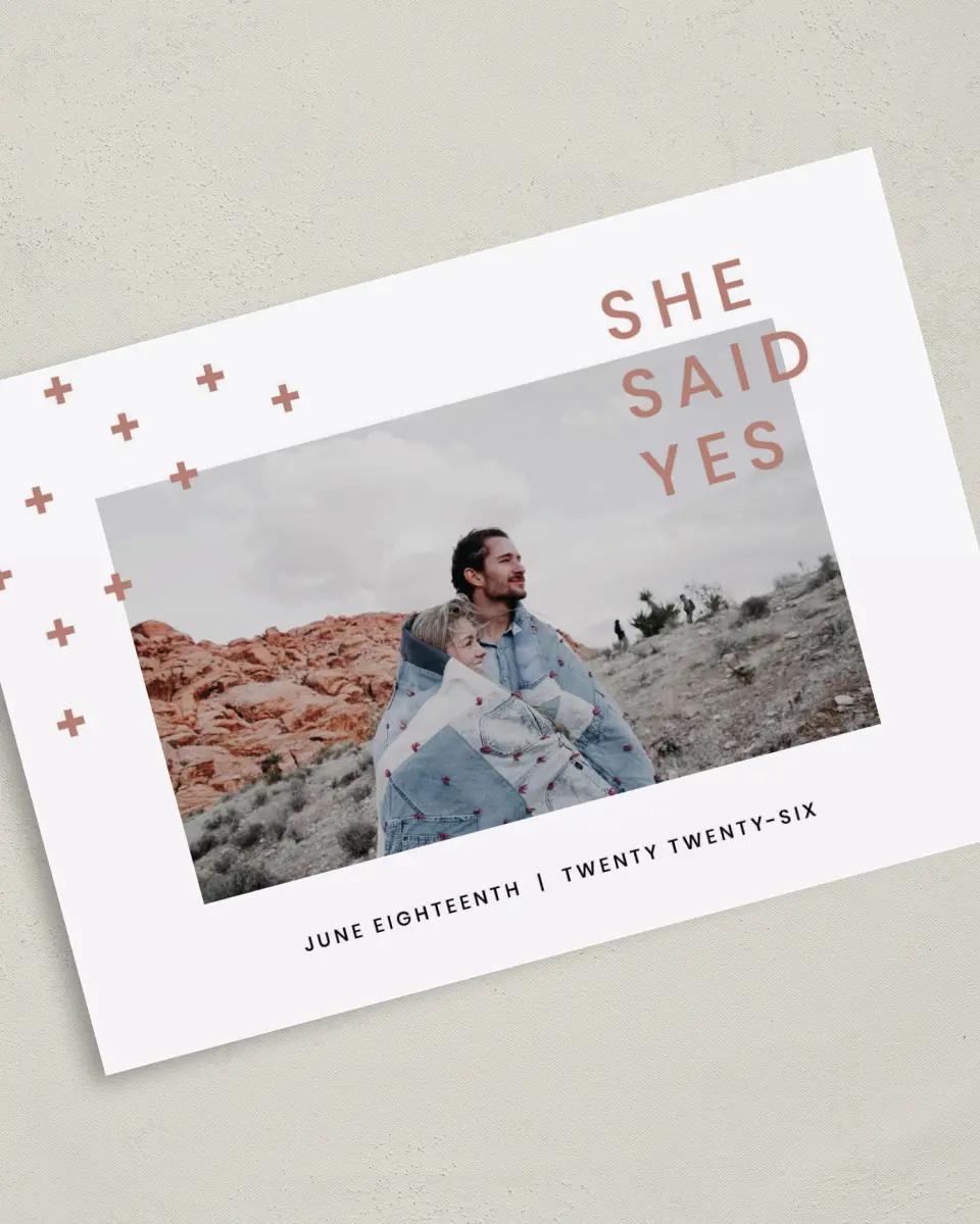 This is a 5" x 7" Save the Date Card called You + Me printed in full color on Premium Smooth paper