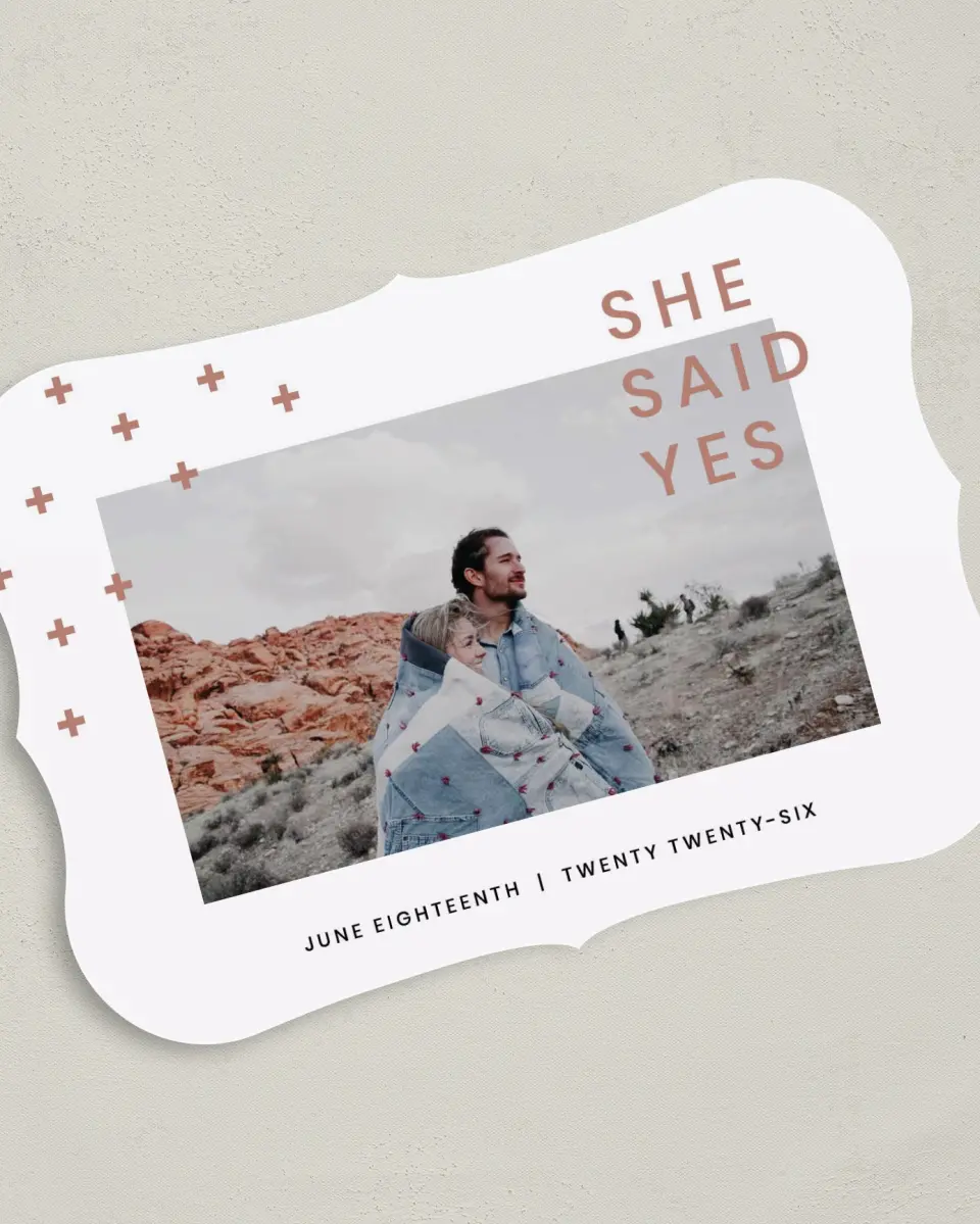 This is a 5" x 7" Save the Date Card called You + Me printed in full color on Premium Smooth paper