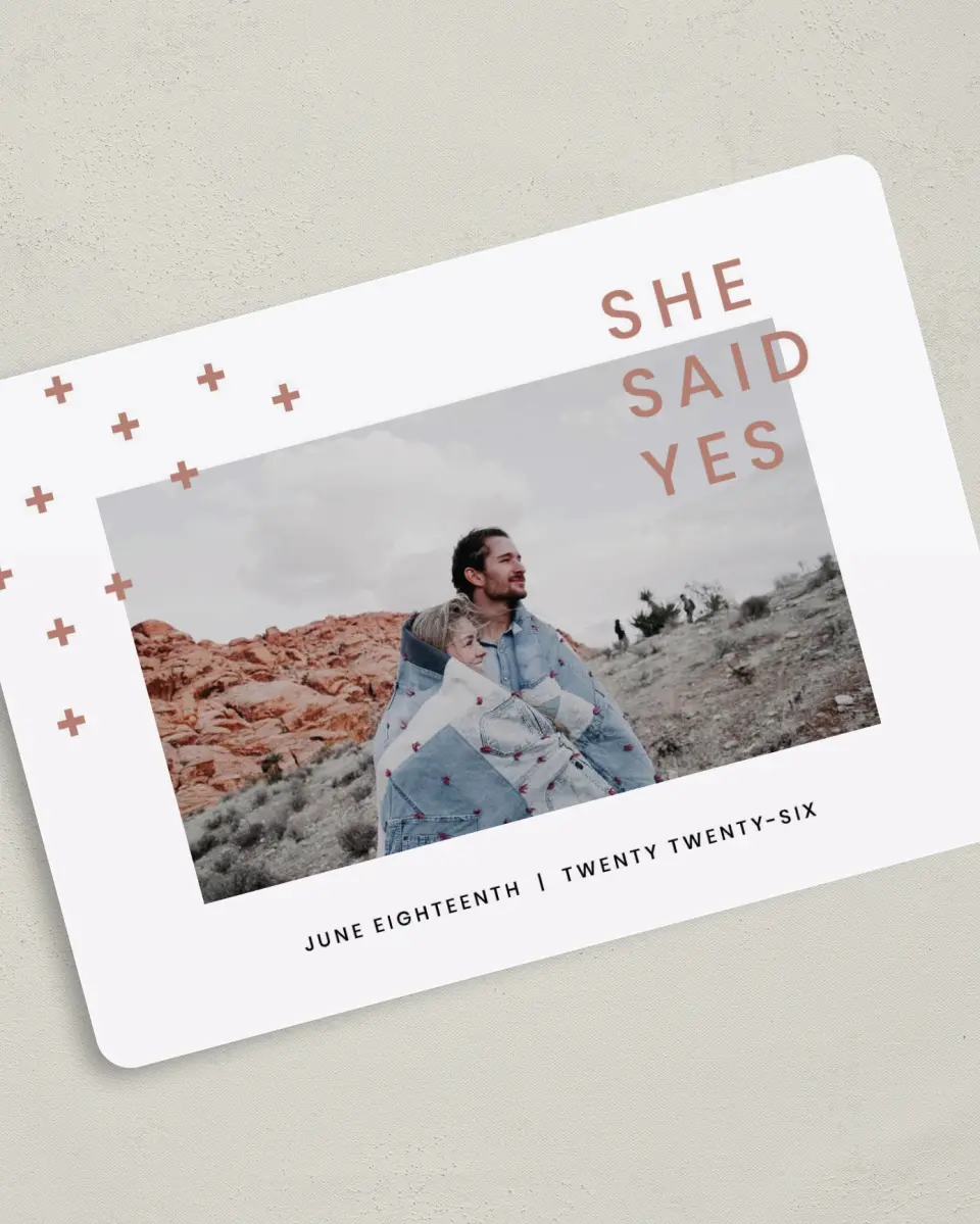 This is a 5" x 7" Save the Date Card called You + Me printed in full color on Premium Smooth paper