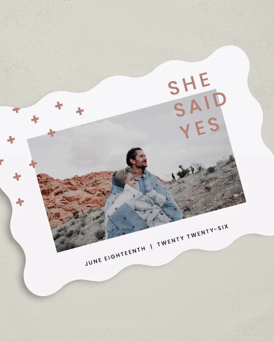 This is a 5" x 7" Save the Date Card called You + Me printed in full color on Premium Smooth paper