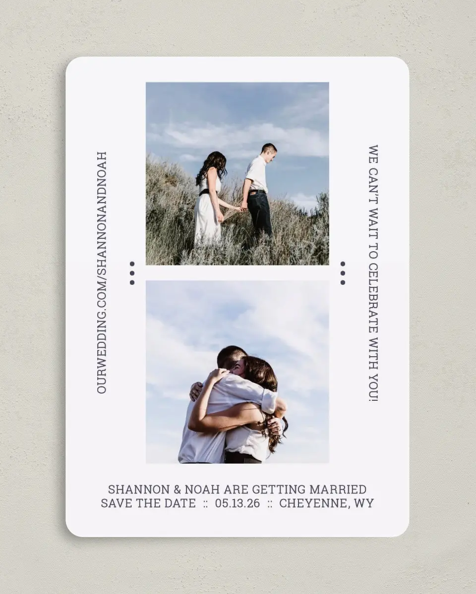 This is a 5" x 7" Save the Date Card called Only Us printed in full color with Gold foil on Luxe Satin (coated) paper