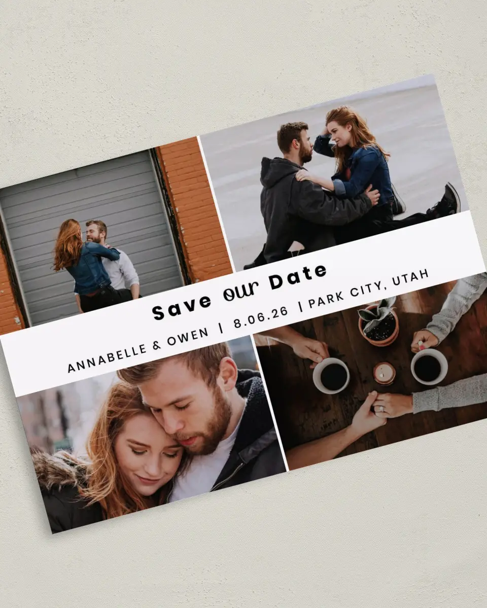 This is a 5" x 7" Save the Date Card called Headliner Love printed in full color on Premium Smooth paper