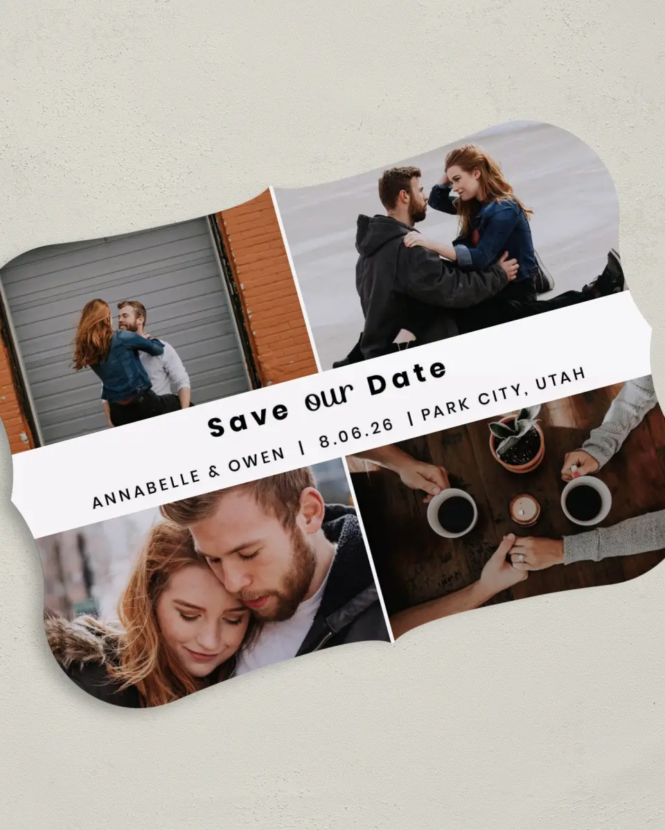 This is a 5" x 7" Save the Date Card called Headliner Love printed in full color on Premium Smooth paper
