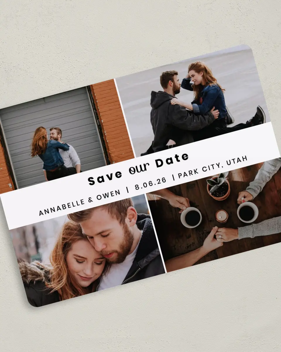 This is a 5" x 7" Save the Date Card called Headliner Love printed in full color on Premium Smooth paper
