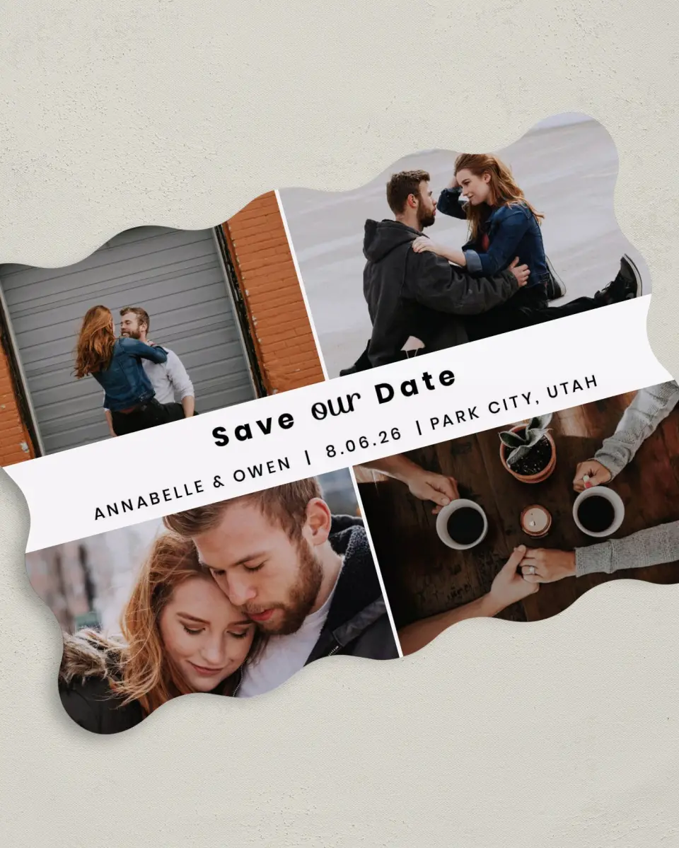 This is a 5" x 7" Save the Date Card called Headliner Love printed in full color on Premium Smooth paper